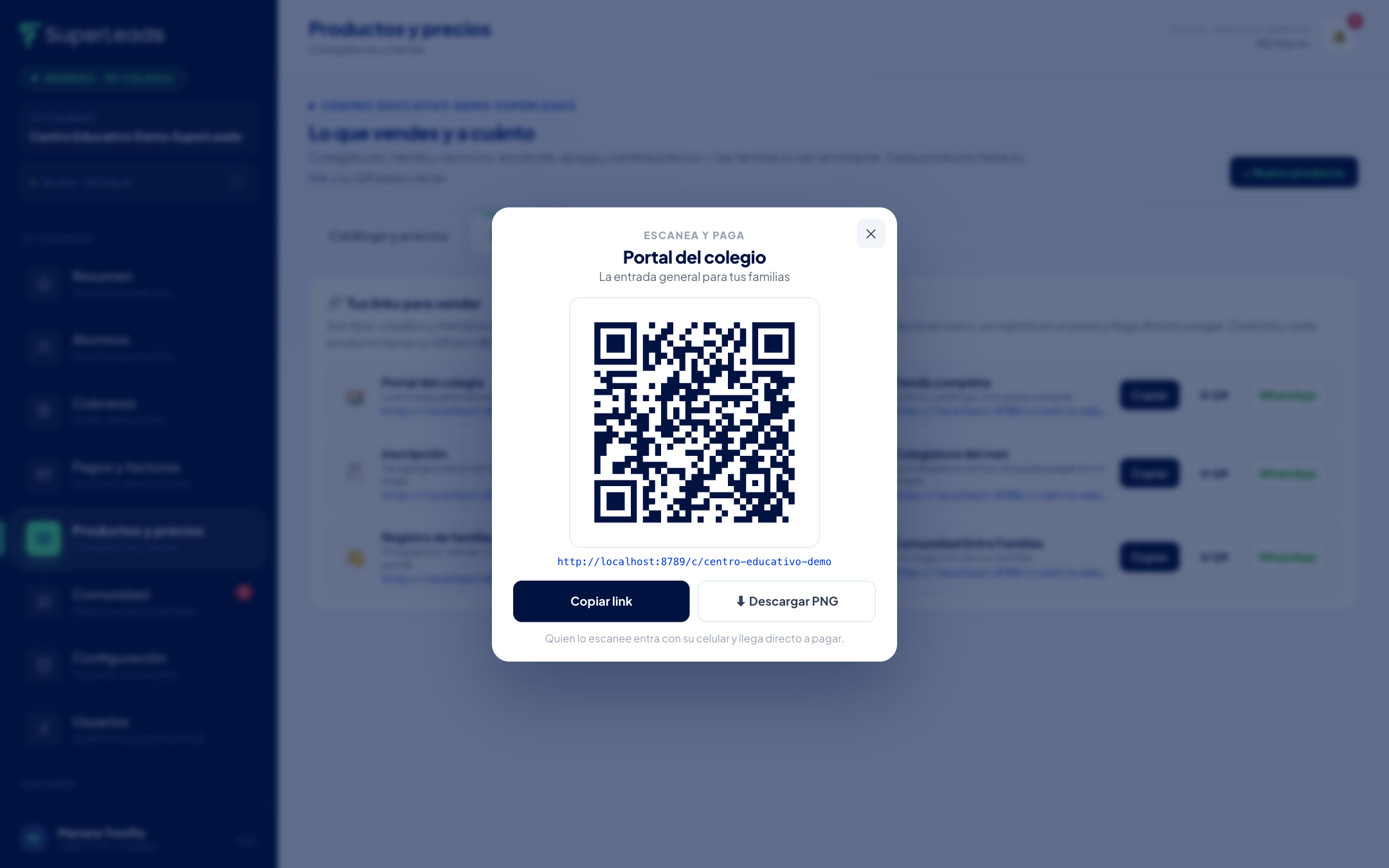 El QR de un producto, listo para enseñarlo en persona o descargarlo en PNG para imprimir.