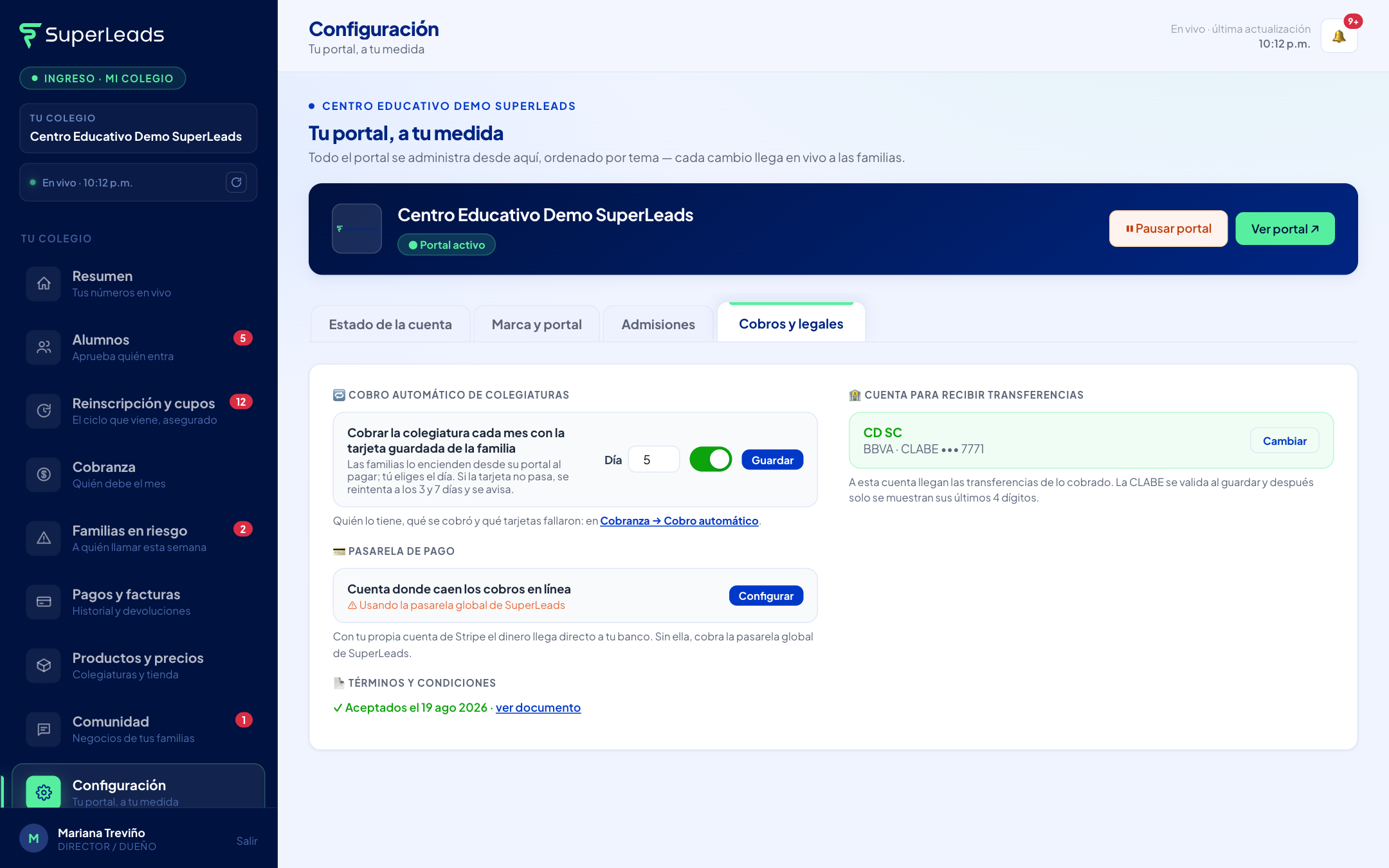 Activar el cobro automático y elegir el día, en Cobros y legales.