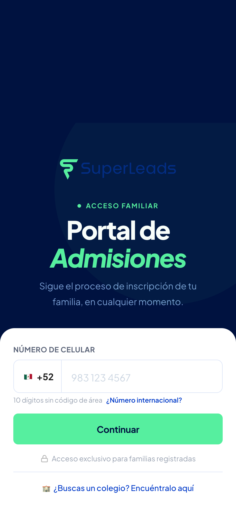 Pantalla de entrada: escribe tu celular y toca Continuar.