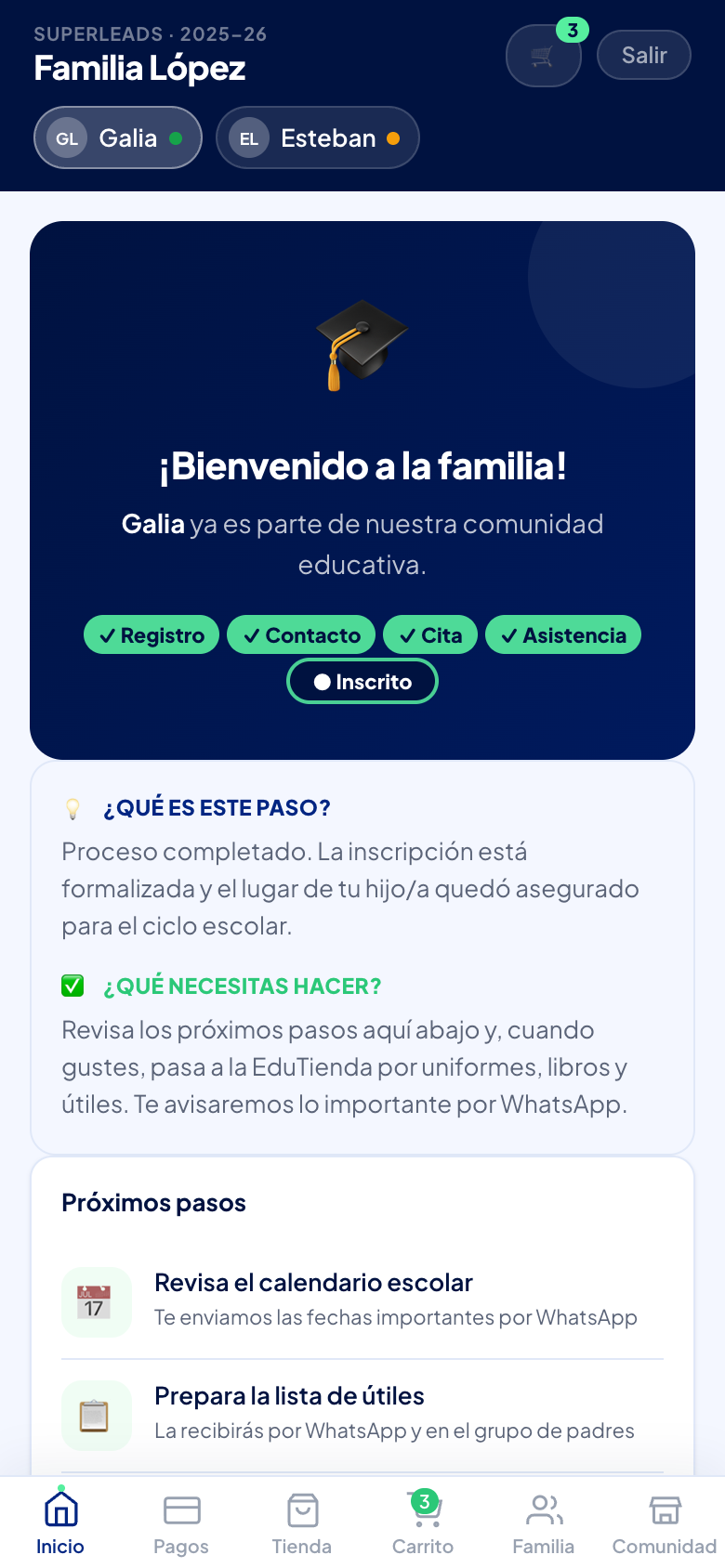 Así se ve tu tablero: arriba tus hijos, en medio la etapa de admisión y abajo los próximos pasos.
