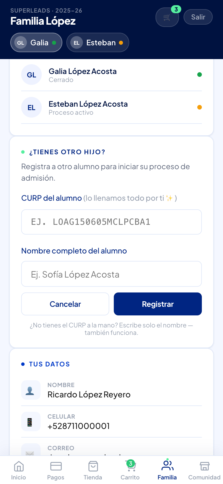 El formulario para registrar a otro alumno, con CURP o solo con el nombre.
