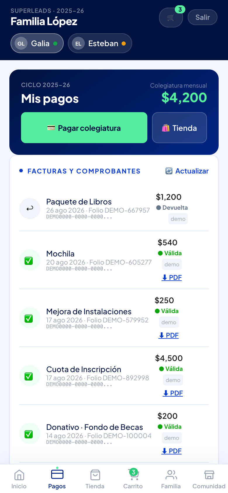 Historial de pagos con sus facturas. Todo queda guardado de forma permanente.