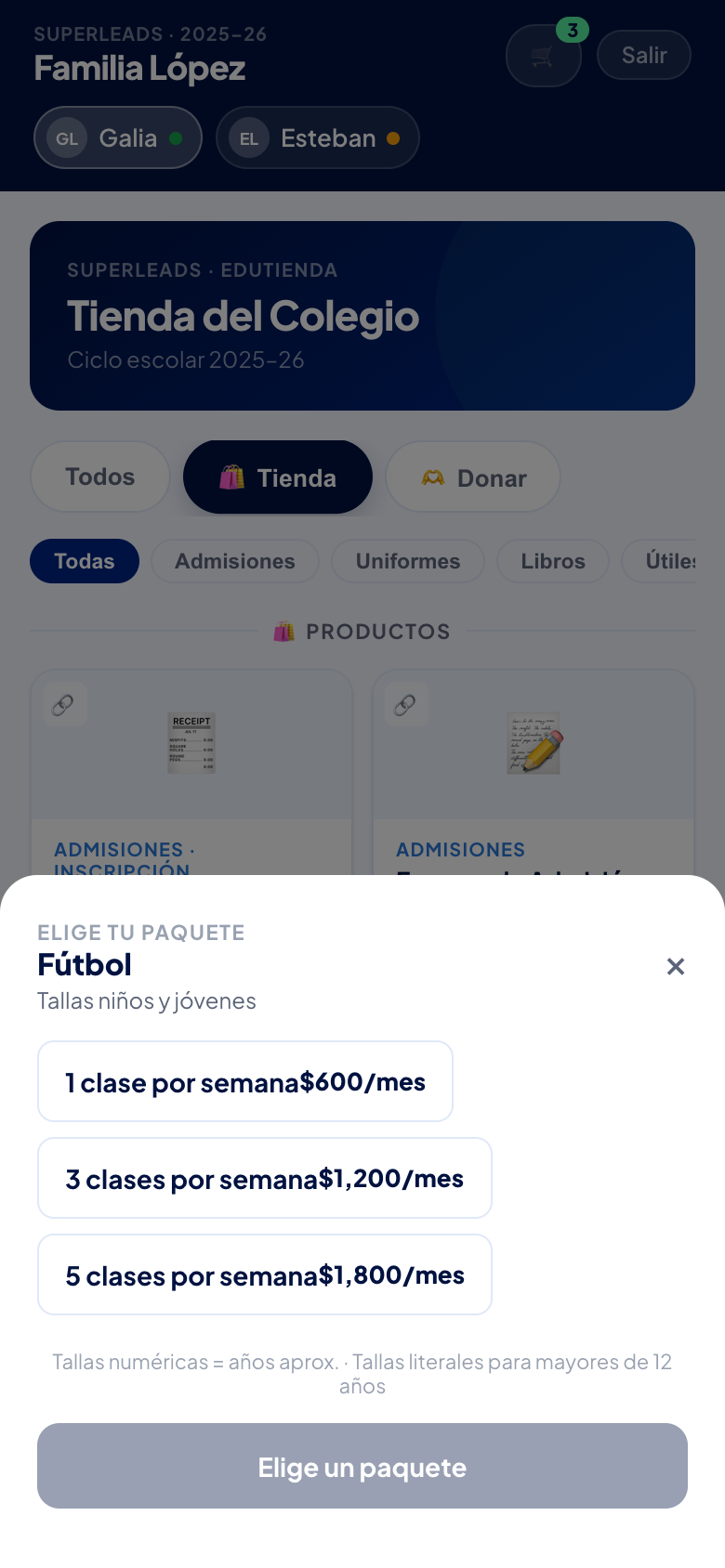 Paquetes de una actividad con su precio mensual.