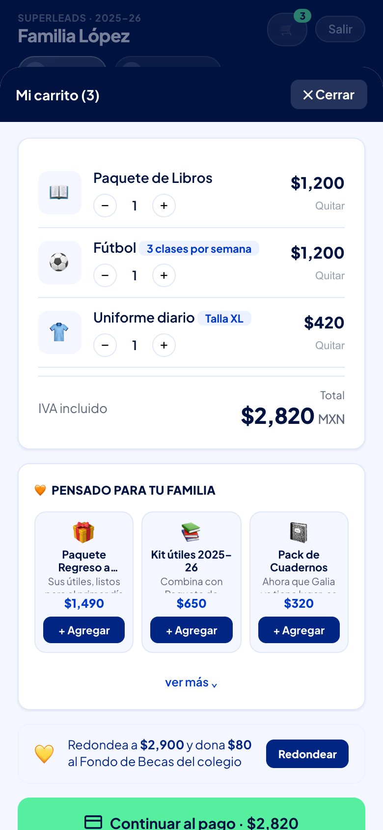 El carrito con tallas y paquetes marcados, cantidades y el total con IVA incluido.