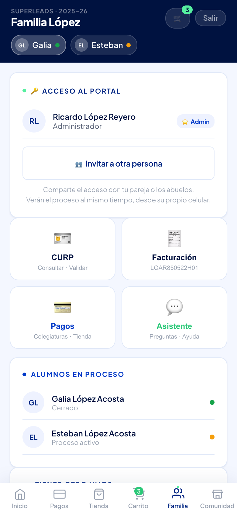 La pestaña Familia: acceso al portal, CURP, facturación, pagos y tus datos.