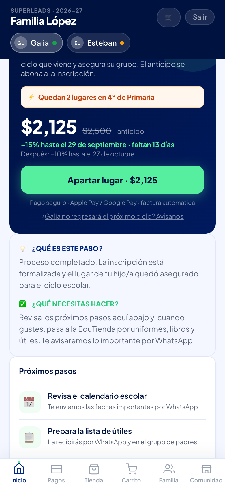 La tarjeta de reinscripción: grado al que pasa, anticipo con descuento por fecha, lugares disponibles y el botón para apartar.